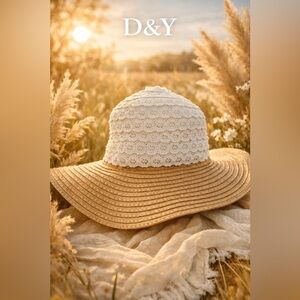 D&Y Boho Wide Brim Straw Sun Hat with White Lace Crown | Cottagecore Boutique